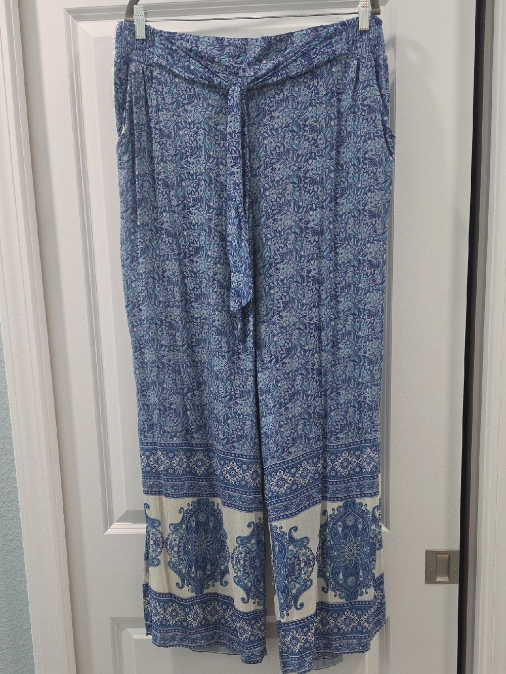 Blue Print Wide-Leg Tie-Waist Palazzo Pants